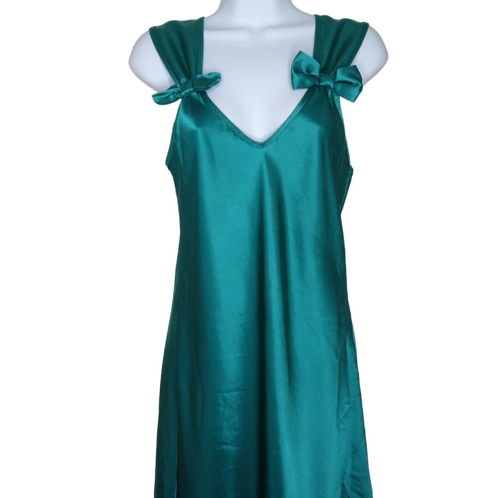 Vintage Soft Moments Satin Nightgown S Green Knee Length Bows USA Made